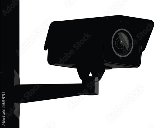 Black silhouette of wall-mounted surveillance security camera used for monitoring, recording, privacy protection, and safety in public or private spaces