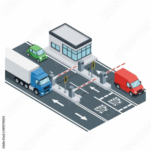 Toll Booth with Vehicles and Barrier.