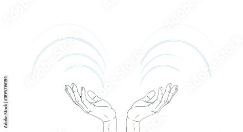 Simple line drawing of two hands with palms facing upwards and blue energy emanating from them.