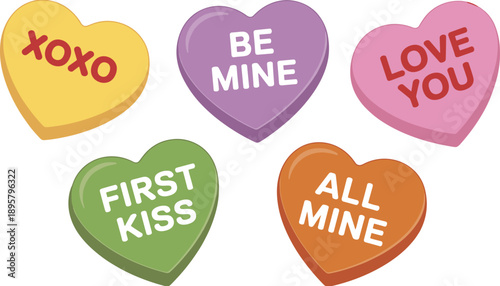 Colorful heart shaped candy sweets with love messages isolated on white background for Valentine romance celebration concept holiday design illustration