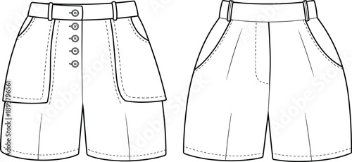 Women's Tailored Skort Technical Fashion Drawing Vector Illustration Featuring Overlay Flap Pockets, Button Detail, Pleated Front, High Waist, Front and Back View, Apparel Template.