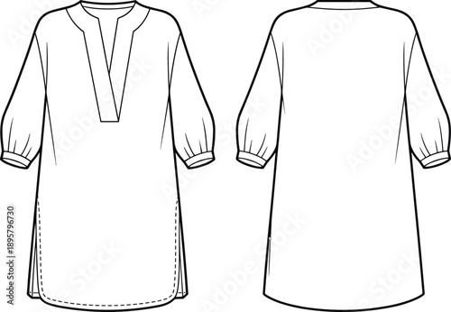 Women's tunic dress technical flat sketch featuring split v-neck, puff sleeves with cuffs, side slits, front and back view, isolated vector illustration fashion design template.