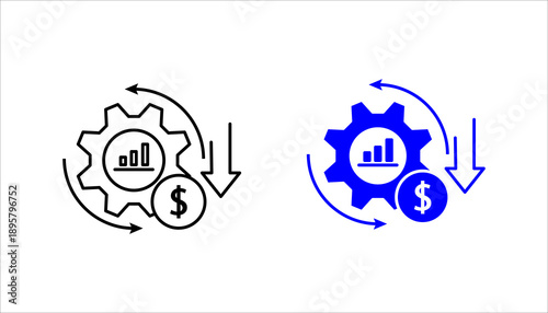 Line icon set. illustrating financial loss or cost reduction cycle using gear, downward arrow, dollar symbol, and circular arrows. Suitable for expense control and financial risk concepts.