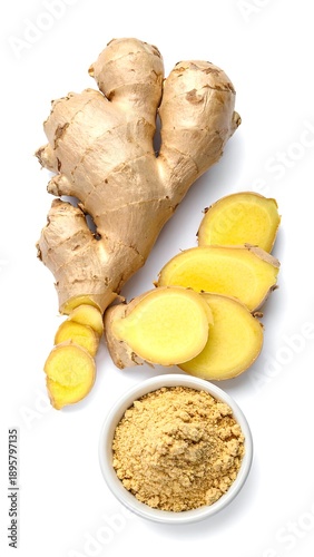 Fresh ginger root, slices, and powder are arranged on a white surface, top-down perspective, clear and bright