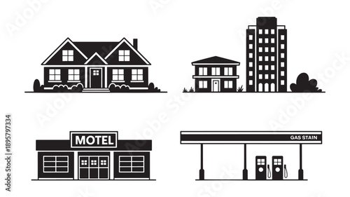Illustration of a suburban landscape with a house, motel, apartment, and gas station from a frontal viewpoint