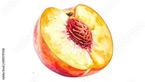 Cut peach Watercolor illustration of a juicy peach, revealing its pit and golden interior
