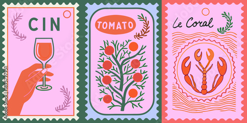 Vintage style postage stamps featuring food and drink illustrations