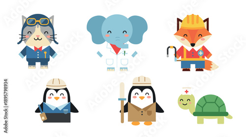 Cute kawaii animal career character set featuring cat pilot elephant doctor fox construction worker penguin and turtle nurse vector.