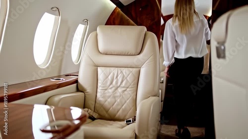 Wallpaper Mural Luxurious Private Jet Interior: Elegant Woman Walking Through Lavish Cabin Torontodigital.ca