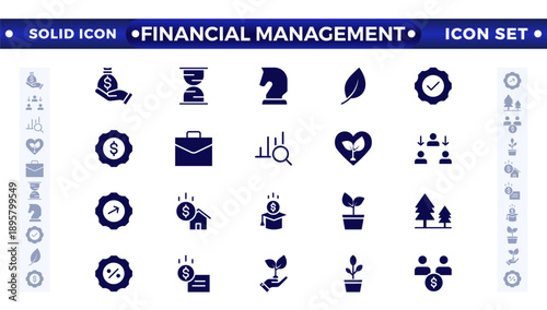 Financial Management solid icon set. Containing investor, mutual fund, asset, risk management, economy, financial gain, interest, Investment, Profit, Investor, Risk, Inflation, and stock icons. 