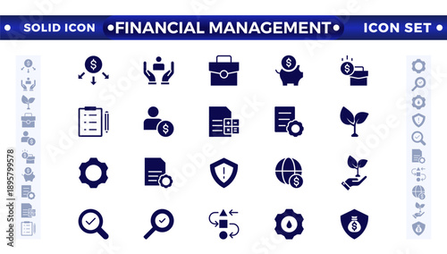 Financial Management solid icon set. Containing investor, mutual fund, asset, risk management, economy, financial gain, interest, Investment, Profit, Investor, Risk, Inflation, and stock icons. 