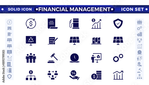 Financial Management solid icon set. Containing investor, mutual fund, asset, risk management, economy, financial gain, interest, Investment, Profit, Investor, Risk, Inflation, and stock icons. 