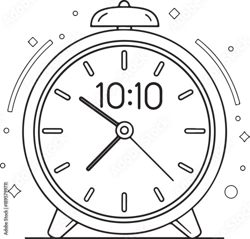 Classic analog alarm clock showing 10:10, with bells on top and decorative radiating lines, a vintage black and white timekeeping illustration.