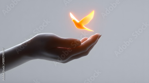 Embracing Liberation: A hand cradles a radiant, stylized dove, symbolizing hope, freedom, and the boundless possibilities of the human spirit.