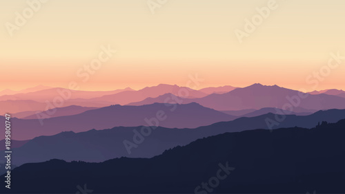 Serene mountain layers fade into a colorful evening sky at sunset.