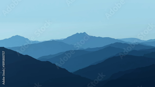 Layered mountain range depicted in shades of blue, creating a serene landscape.