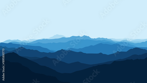 Abstract layered mountains in shades of blue create a calming landscape.