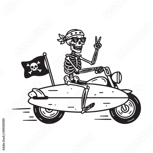 Skeleton Riding Motorcycle with Surfboard Body and Pirate Flag Vector Illustration.