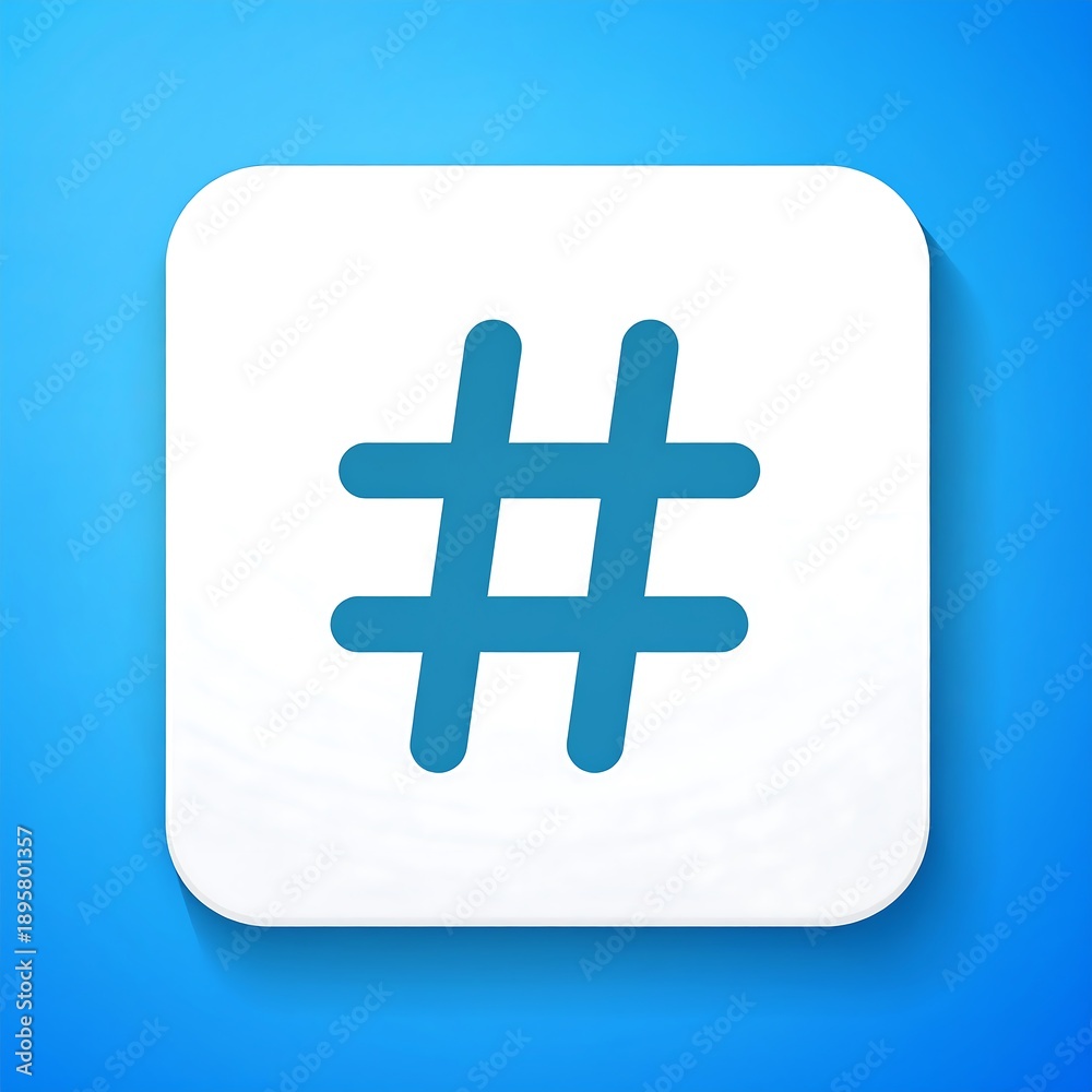 Obraz premium Hashtag icon on white rounded square, set against a vibrant blue background with bright lighting