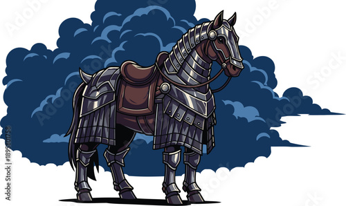 Medieval armored horse standing against dramatic cloudy sky