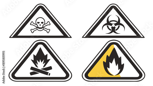 Four triangular warning signs display icons for poison, biohazard, flammable material, and a highlighted fire hazard.