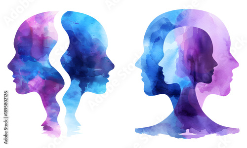 Abstract Human Head Silhouette PNG Set, Psychology Mind Concept Illustration, Mental Health Double Face Profile Art, Watercolor Style, Transparent Background