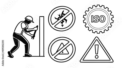 A collection of construction and industrial safety icons includes a worker, prohibition signs, and standard warning triangles.
