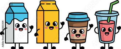 Adorable kawaii cartoon drinks including milk, juice, coffee, and a smoothie cheerfully waving