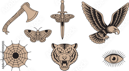 Vintage style illustrations featuring powerful symbols like an axe, soaring eagle, roaring tiger, and all seeing eye