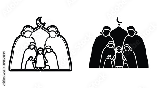 Family standing together under crescent moon symbol