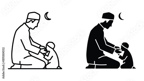 Father teaching child to pray during ramadan night