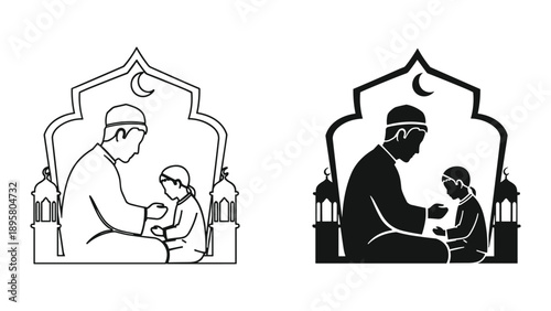 Father and son sitting together in mosque during ramadan