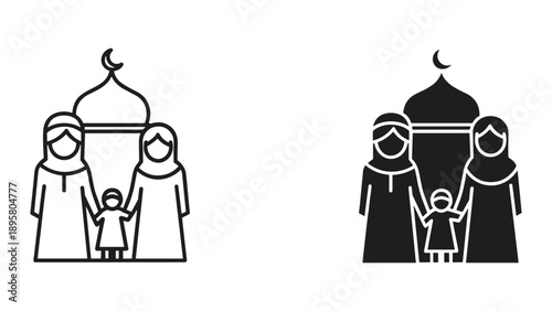 Muslim family standing together in front of mosque