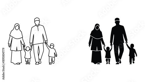Happy muslim family with children holding hands together
