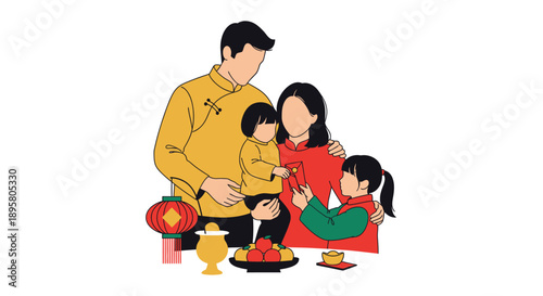 Heartwarming illustration of an Asian family celebrating a significant cultural holiday, sharing happiness and blessings with traditional gifts and festive decor
