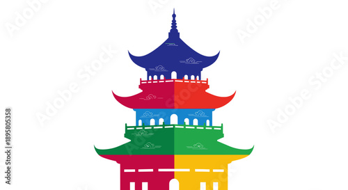Vibrant East Asian Pagoda Illustration A Modern, Stylized Vector Design Showcasing Rich Cultural Heritage and Architectural Beauty with a Colorful Palette