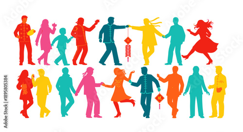 Colorful Silhouettes of People Holding Hands and Celebrating with Chinese Lanterns