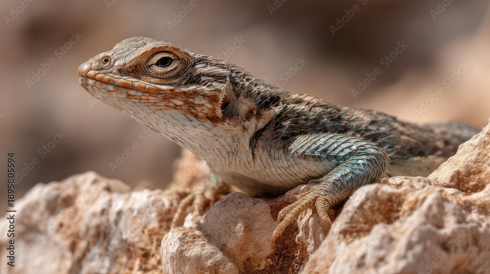 Fototapeta premium A small lizard with a striped pattern, resting on a rocky surface.