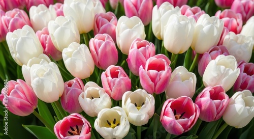 Beautiful pink and white tulips in full bloom, a floral spectacle.