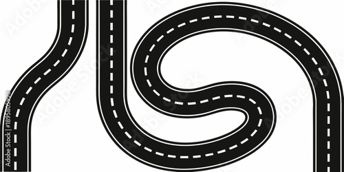 A winding black road with white dashed lines on a white background