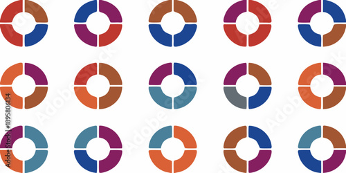 Colorful circular patterns with segmented designs arranged in a grid formation