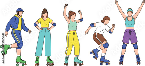 Colorful vector illustration of young roller skaters wearing protective gear, showing dynamic skating poses, active lifestyle, youth sport fashion, and modern street recreation
