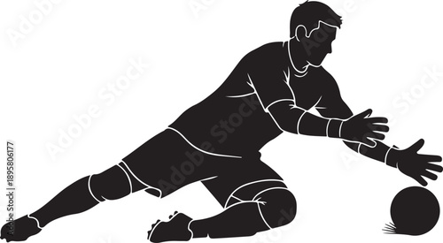 Black and white illustration of a goalkeeper diving on the turf to catch a low rolling ball in a high stakes football match , Generative Ai
