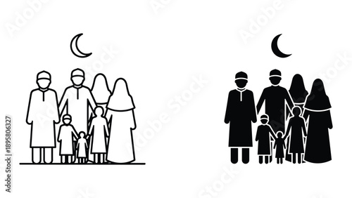 Muslim family standing together under crescent moon