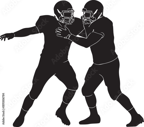 Two American football linemen in a blocking stance silhouette, defensive and offensive line battle illustration , Generative Ai