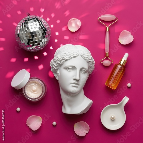 Beauty and Self-Care Still Life with Disco Ball and Bust.