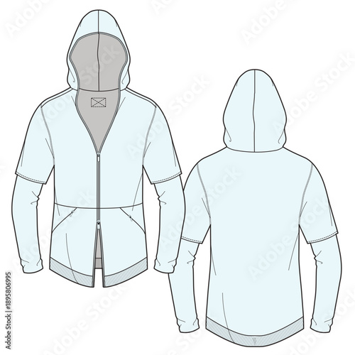Slim fit full zip hoodie flat sketch vector mockup template.