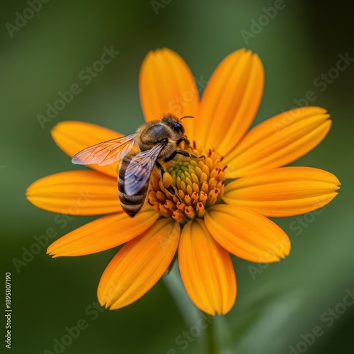 Bee on a Vibrant Orange Flower Collecting Pollen.