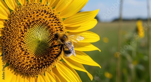 Bee on Sunflower in Field on Sunny Day.