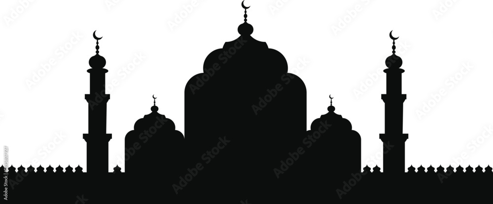 Fototapeta premium Islamic mosque silhouette skyline with crescent moon isolated on white background for Ramadan and religious design